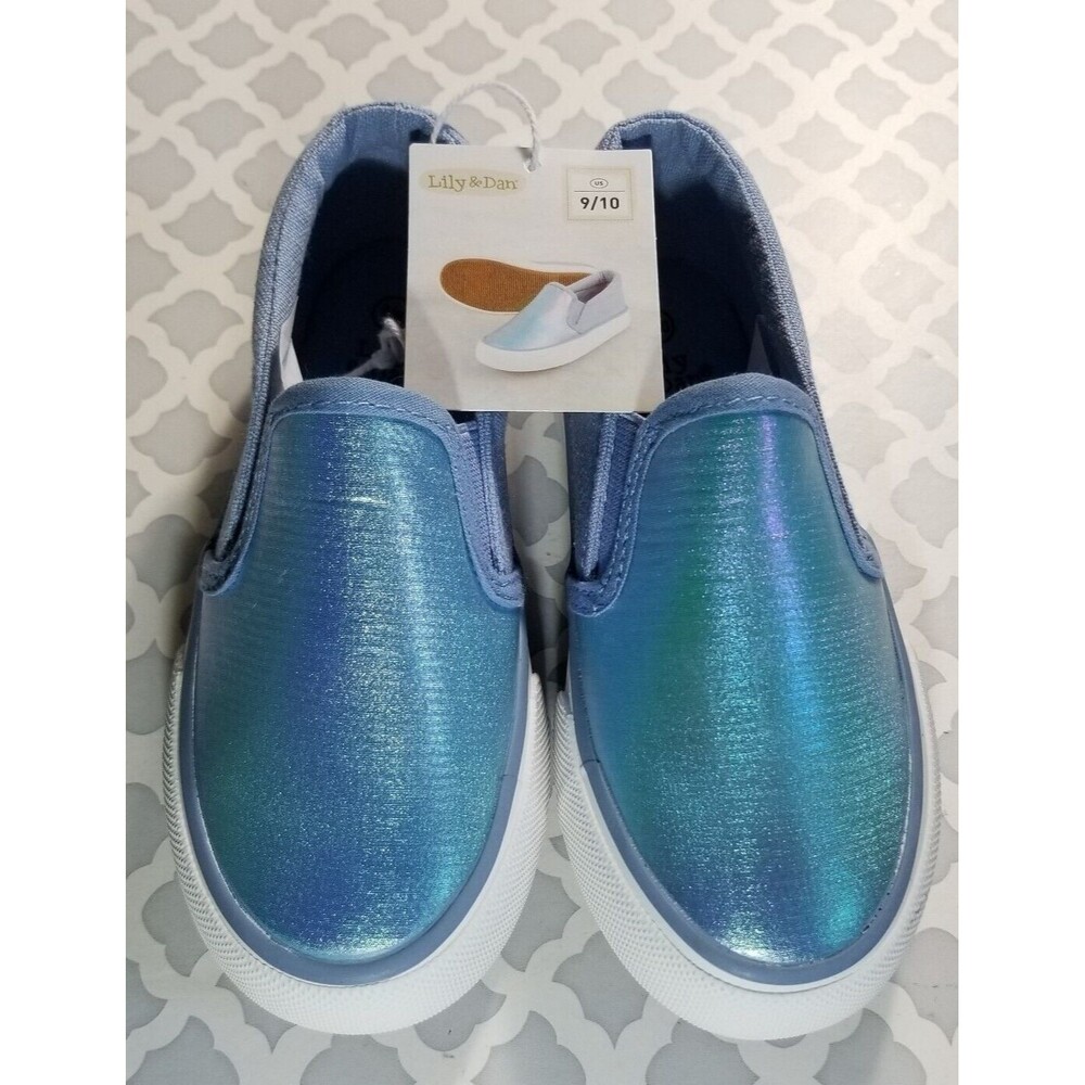 Kid's Slip-On Sneakers Memory Foam Canvas Blue Shimmer Lily & Dan New Size 9/10